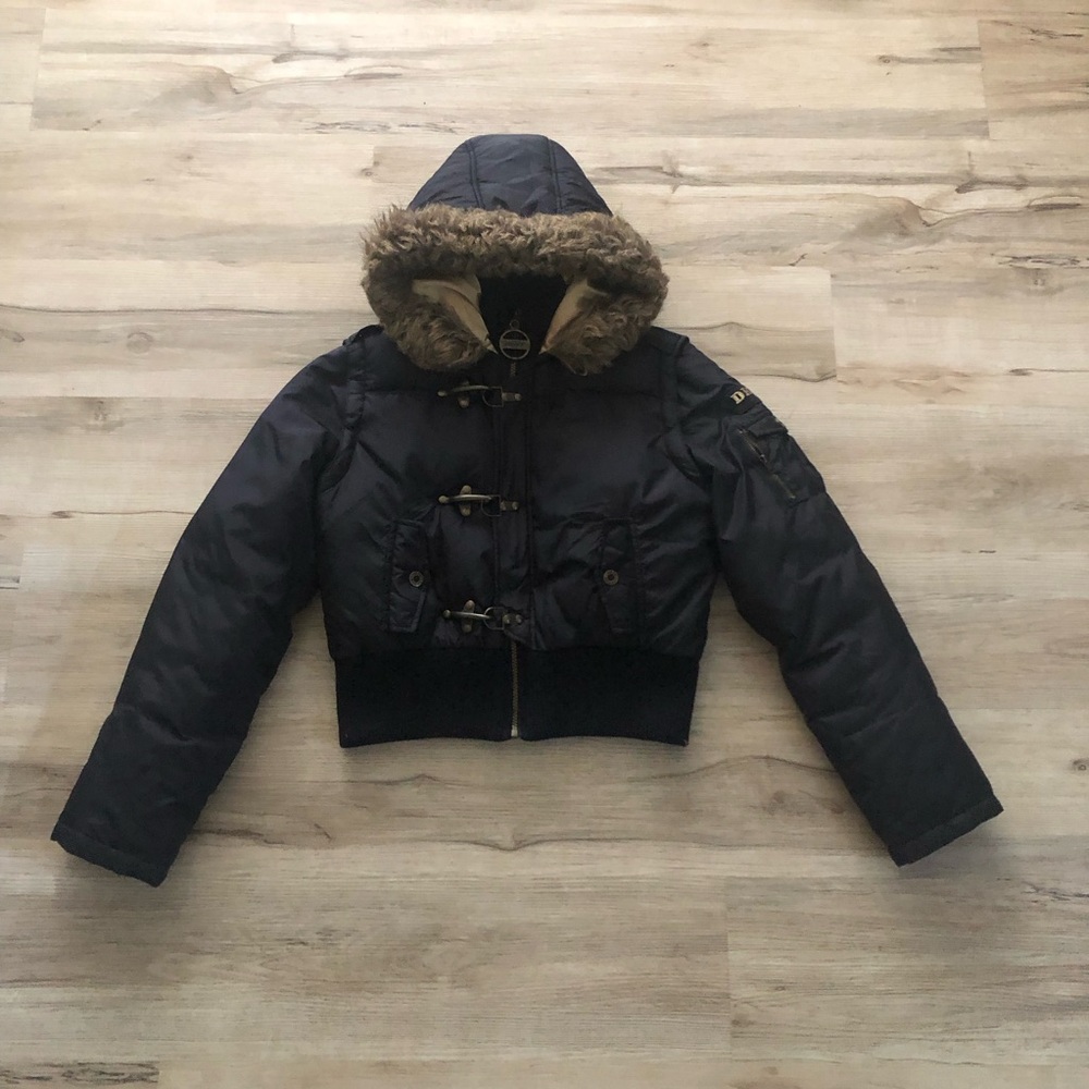 DKNY Black Bomber Jacket with Fur Trim